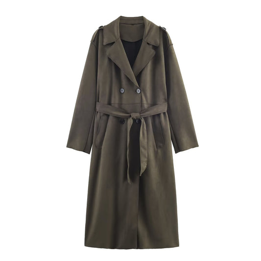 Women Clothing Elegant Suede Effect Long Trench Coat