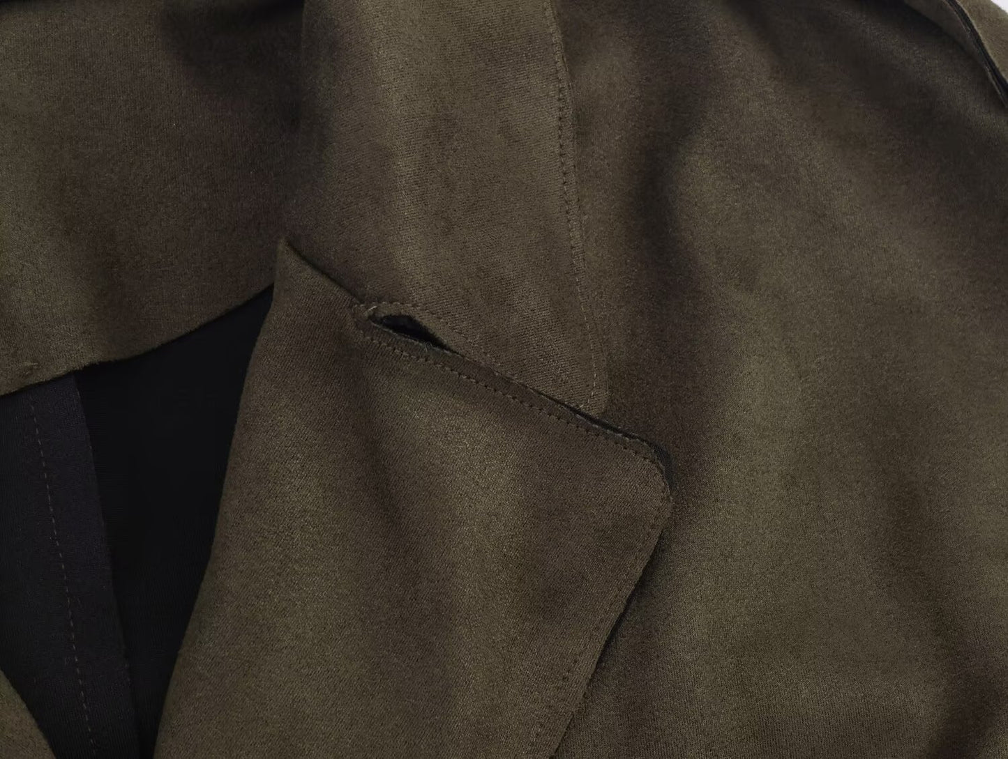 Women Clothing Elegant Suede Effect Long Trench Coat