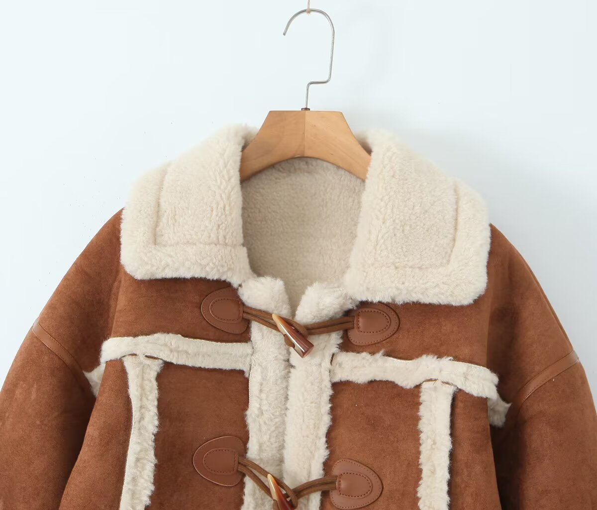 Women Retro Horn Button Suede Lambswool Elegant Coat
