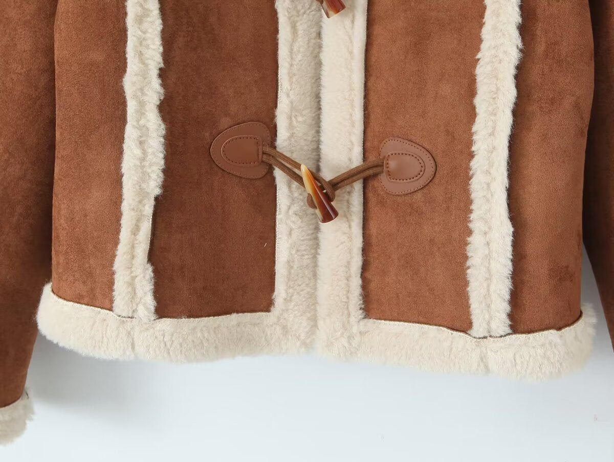 Women Retro Horn Button Suede Lambswool Elegant Coat