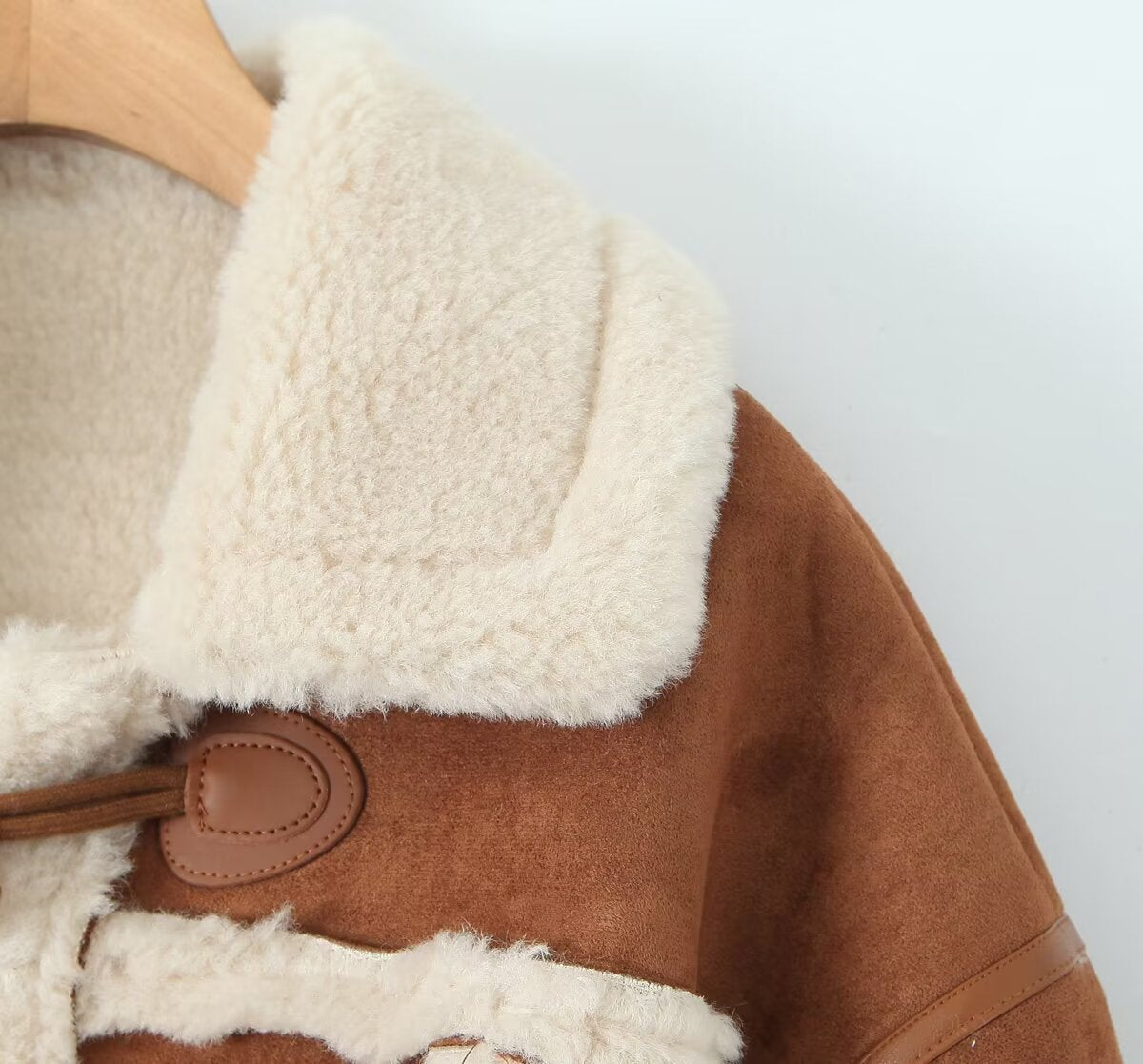Women Retro Horn Button Suede Lambswool Elegant Coat