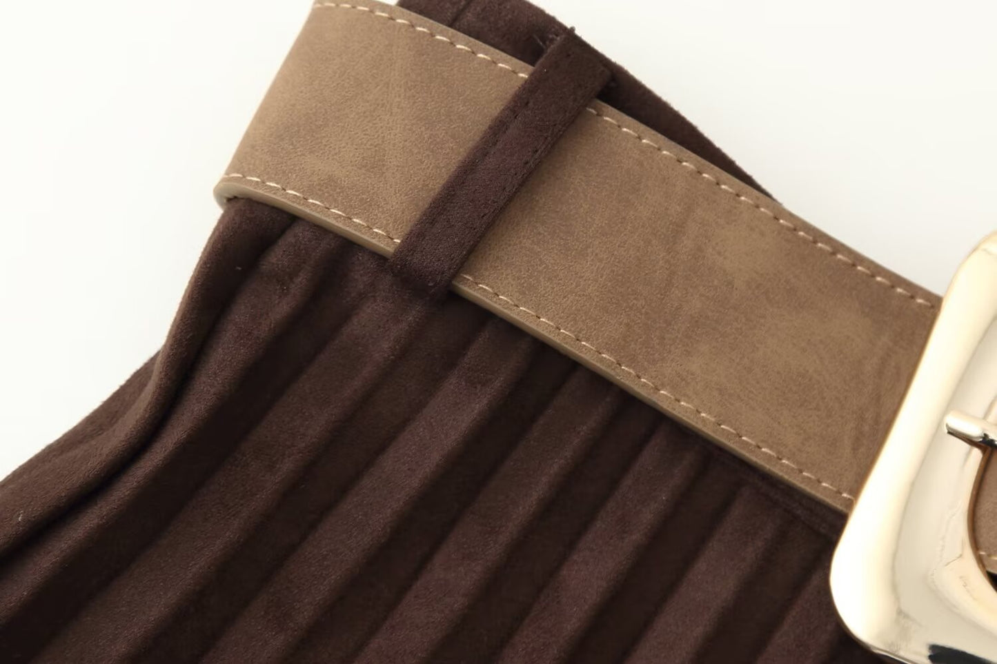 Women Clothing Autumn with Belt Suede Effect Pleated Skirt