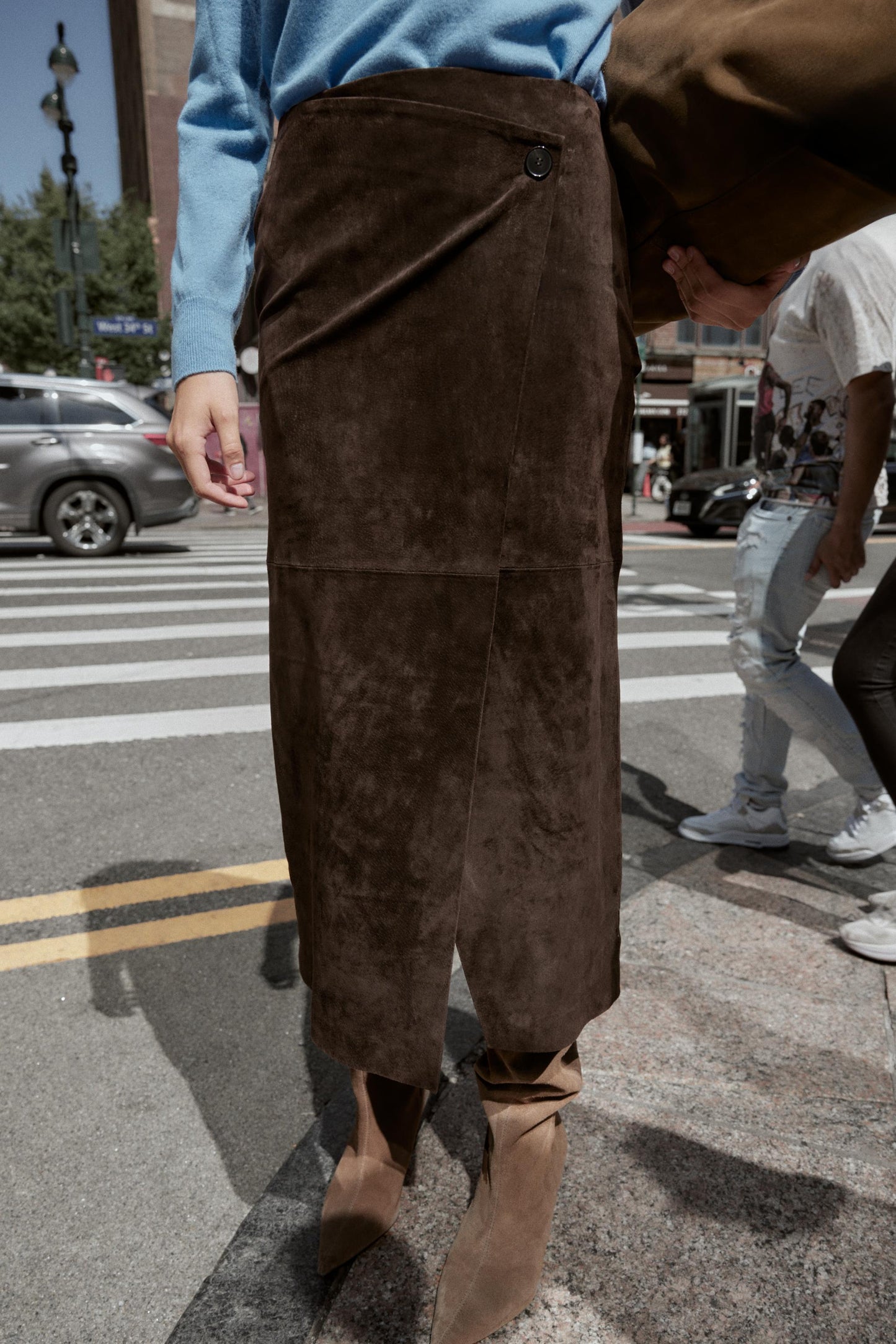 Women Clothing Autumn Brown Front Slit Design Sheath Long Skirt