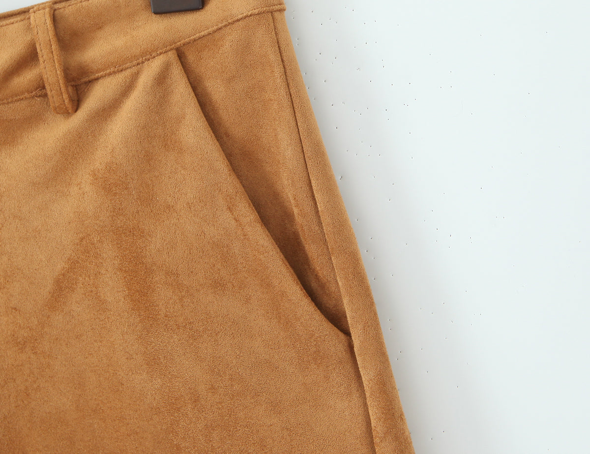 Autumn Winter Vintage Suede Fabric Jacket Coat Suede Shorts Set