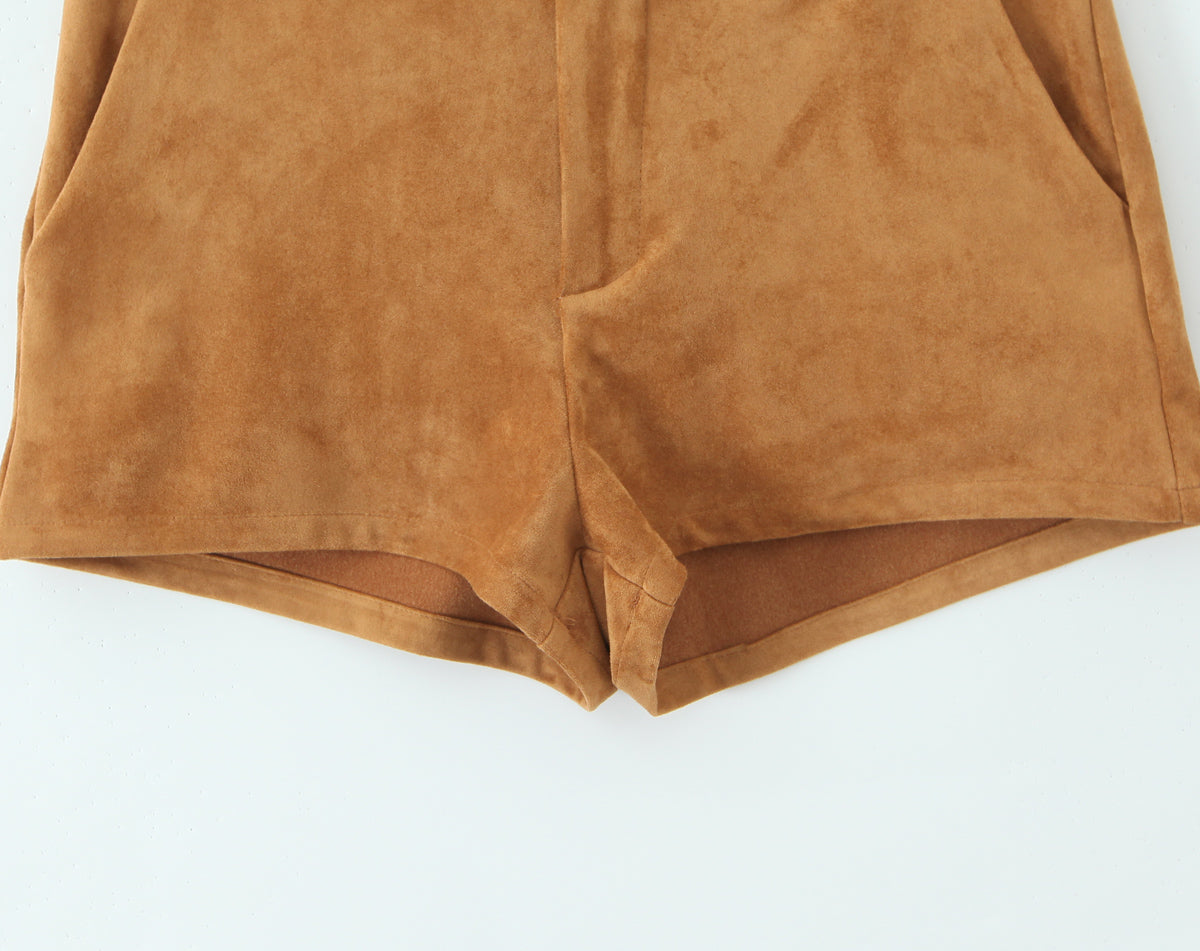 Autumn Winter Vintage Suede Fabric Jacket Coat Suede Shorts Set