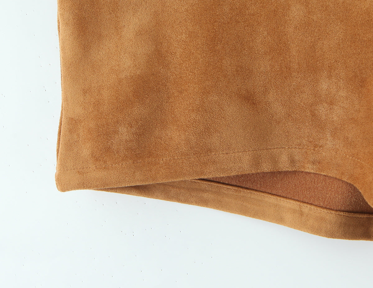 Autumn Winter Vintage Suede Fabric Jacket Coat Suede Shorts Set