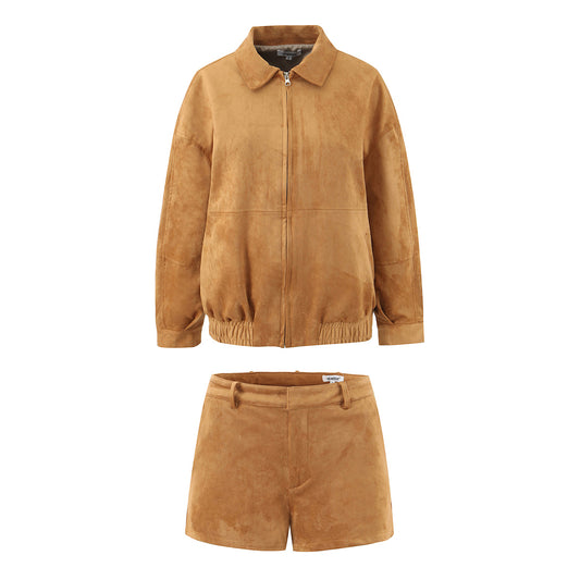 Autumn Winter Vintage Suede Fabric Jacket Coat Suede Shorts Set