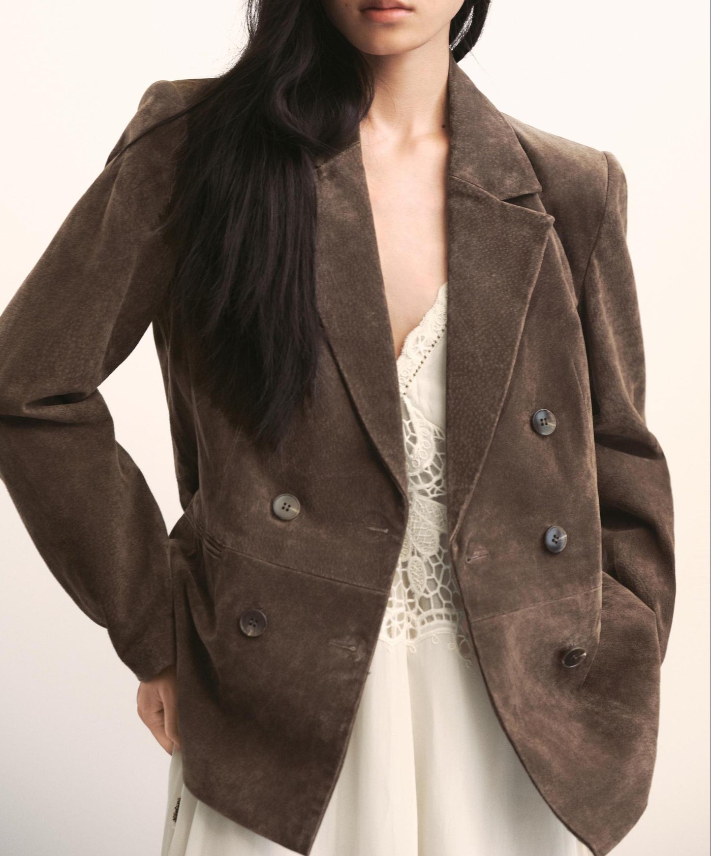 Women Clothing Autumn Winter Double Breasted Suede Texture Blazer Women
