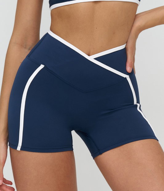 Nude Feel Contrast Color Yoga Shorts Cross Waist Tight Shorts Outdoor Running Workout Shorts