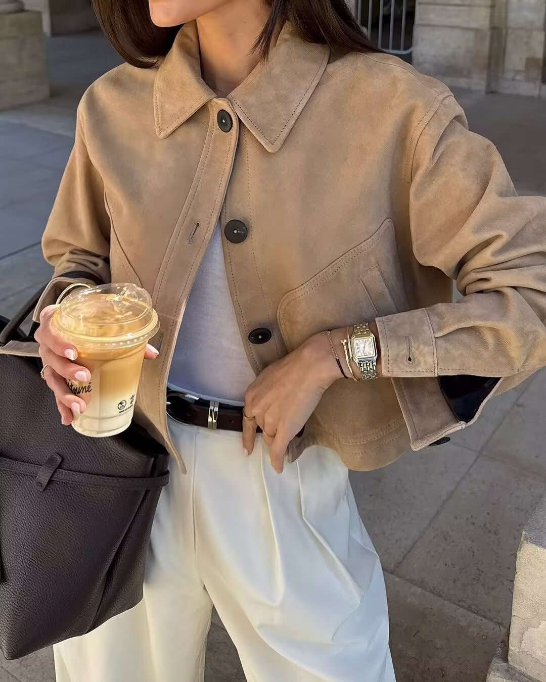 Women Clothing Autumn Simple Pure Leather Slant Pockets Short Jacket