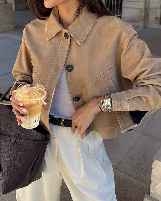 Women Clothing Autumn Simple Pure Leather Slant Pockets Short Jacket