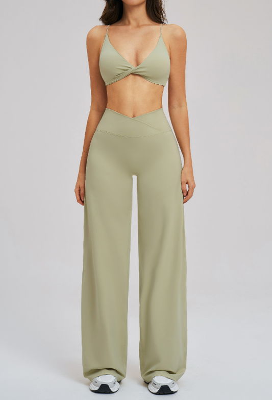 Brushed Yoga Cross Waist Head Sports Wide Legs Fitness Suit Outdoor Running Sports Two Piece Sets