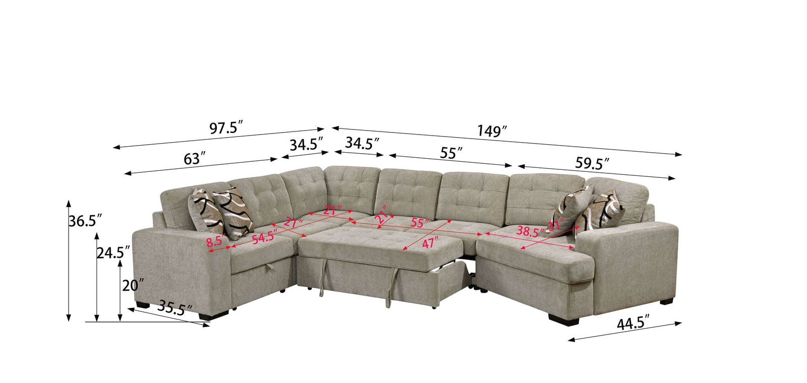 149" Oversized Sectional Modern Large Upholstered U-Shape Sectional Sofa, Extra Wide Chaise Lounge Couch for Home, Bedroom, Apartment, Dorm, Office, Light Gray himalipasal