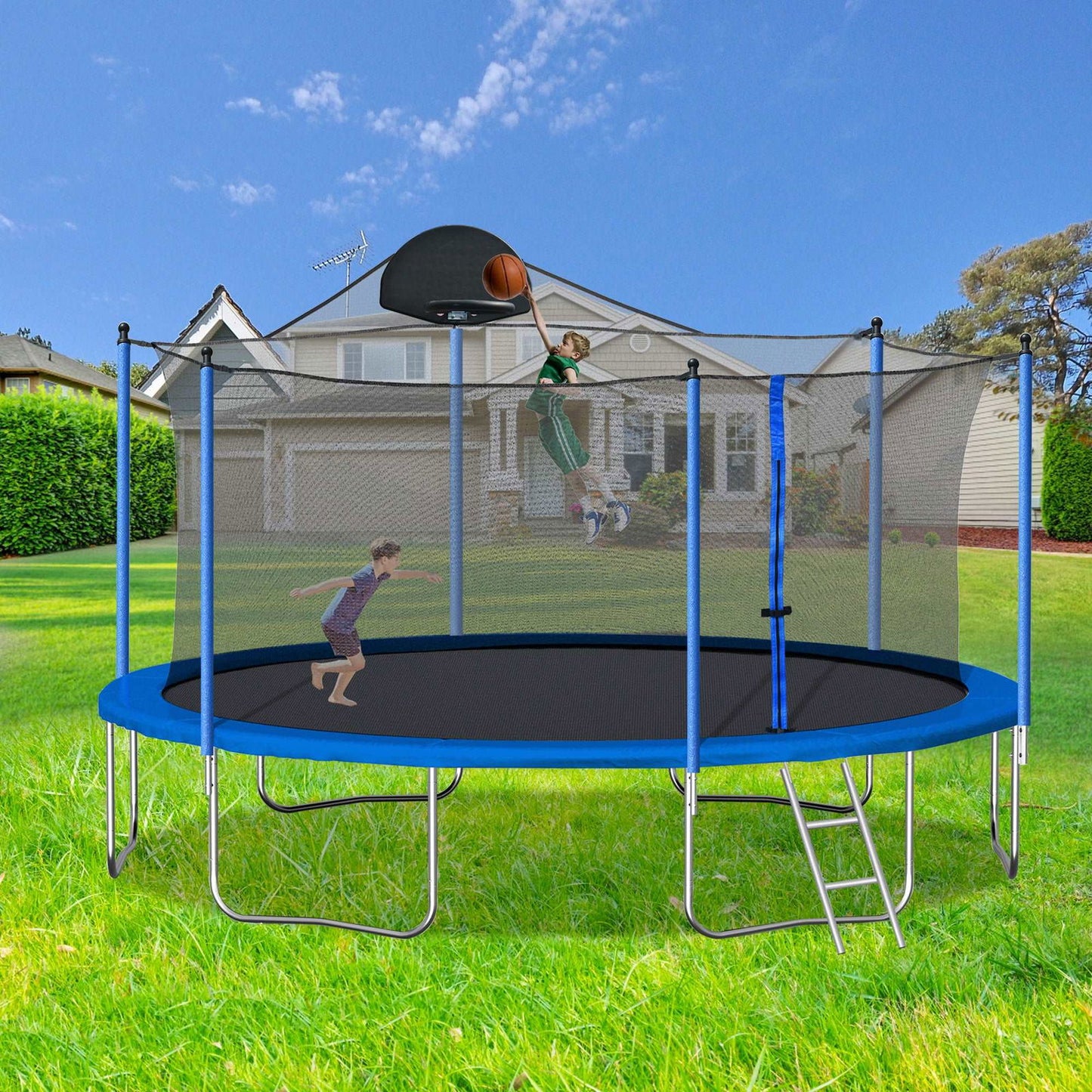 14FT Trampoline for Adults & Kids with Basketball Hoop, Outdoor Trampolines w/Ladder and Safety Enclosure Net for Kids and Adults himalipasal