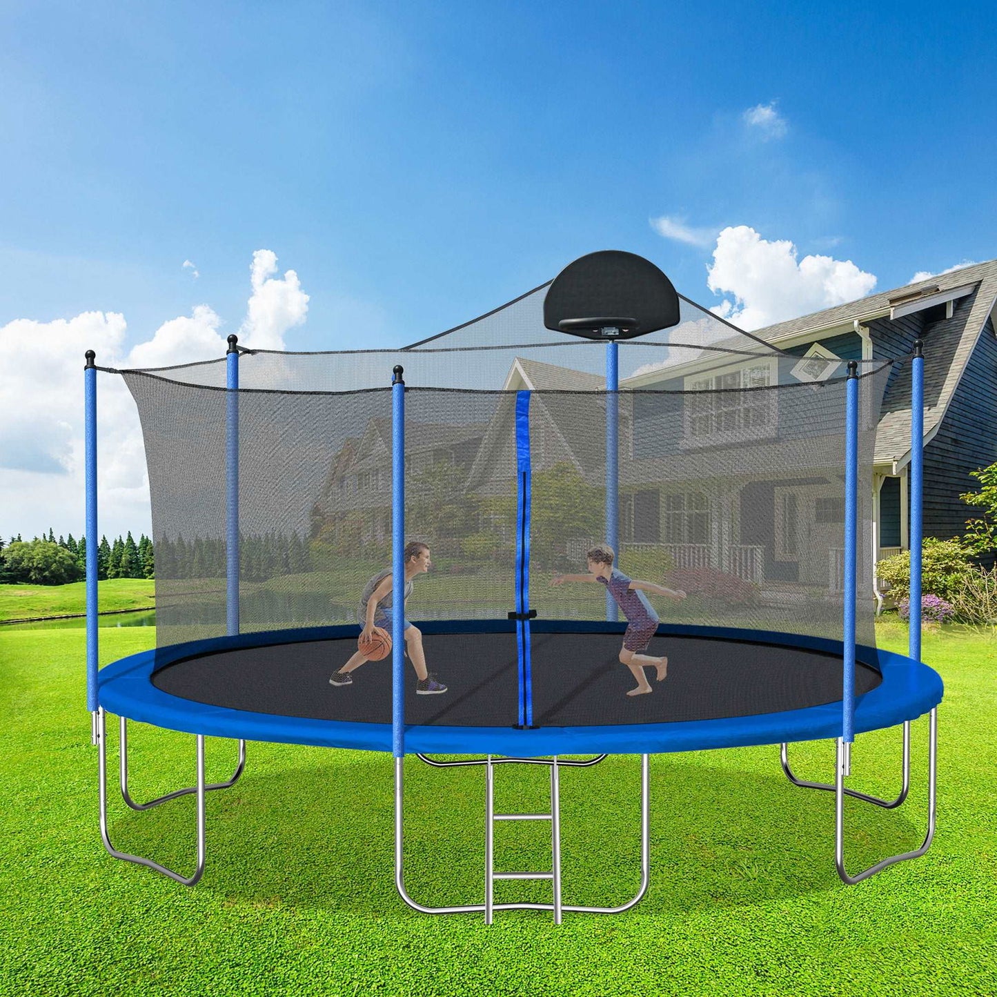 14FT Trampoline for Adults & Kids with Basketball Hoop, Outdoor Trampolines w/Ladder and Safety Enclosure Net for Kids and Adults himalipasal