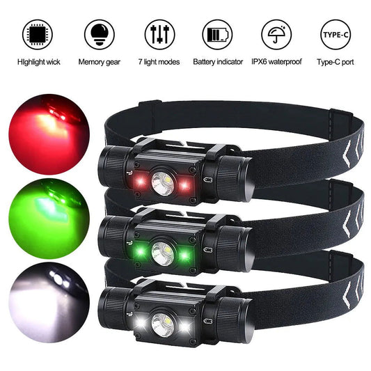 16W L2+2*XPE Mini Headlight White+Green/Red/White Headlamp 7-Modes USB Charging Flashlight Camping Hunting Frontal Head Lantern himalipasal