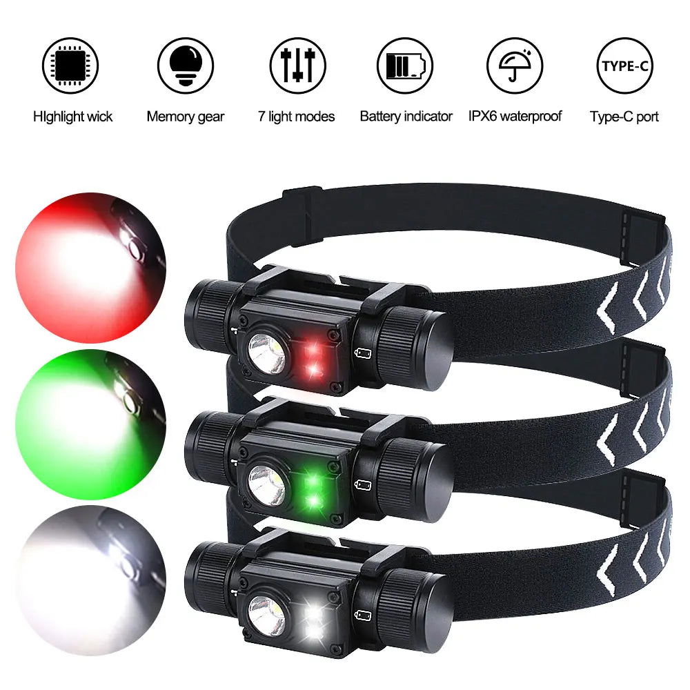 16W L2+2*XPE Mini Waterproof Hunting Headlamp White+Green/Red/White 7-Modes Headlight Waterproof IPX6 Type-C Charging Lantern himalipasal