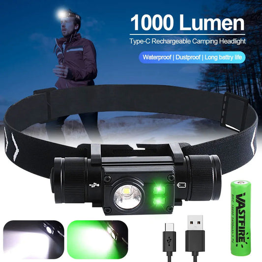 16W L2+2*XPE Mini Waterproof Hunting Headlamp White+Green/Red/White 7-Modes Headlight Waterproof IPX6 Type-C Charging Lantern himalipasal