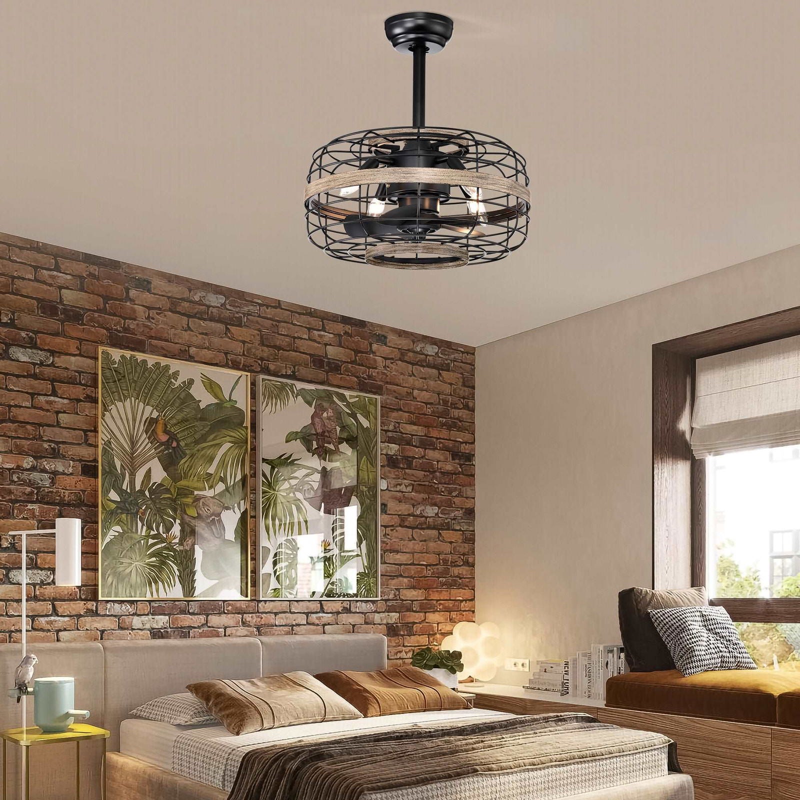 18'' Farmhouse Ceiling Fans Light - Caged Ceiling Fan with Remote Control (3-Speeds Adjustable), Wood Rustic Enclosed Reversible Ceiling Fans for Bedroom , Living Room, Kitchen. himalipasal