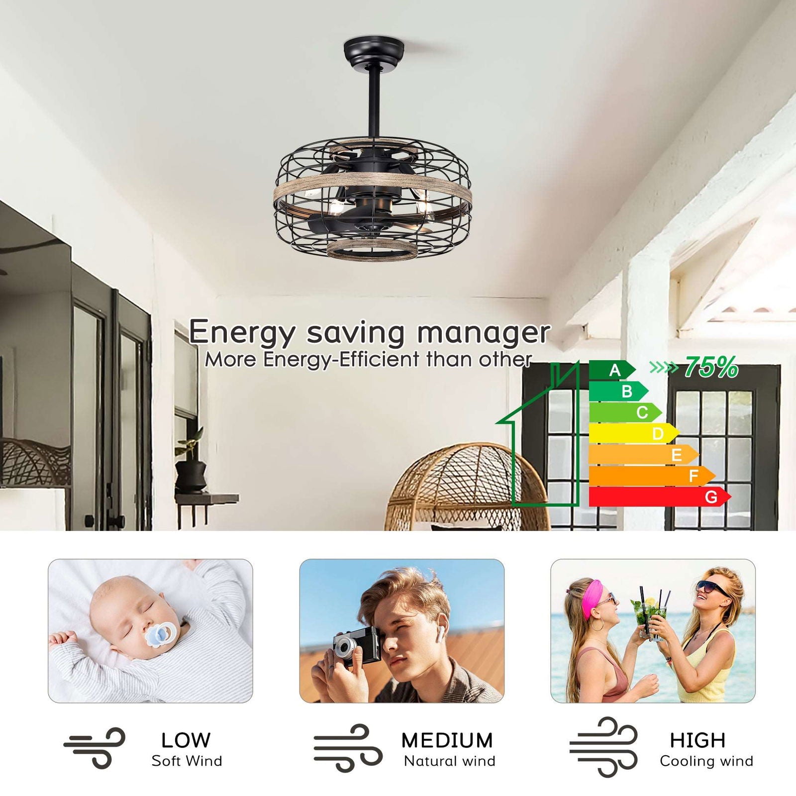 18'' Farmhouse Ceiling Fans Light - Caged Ceiling Fan with Remote Control (3-Speeds Adjustable), Wood Rustic Enclosed Reversible Ceiling Fans for Bedroom , Living Room, Kitchen. himalipasal