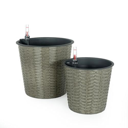 2-Pack Self-watering Wicker Decor Planter for Indoor and Outdoor - Round - Grey himalipasal