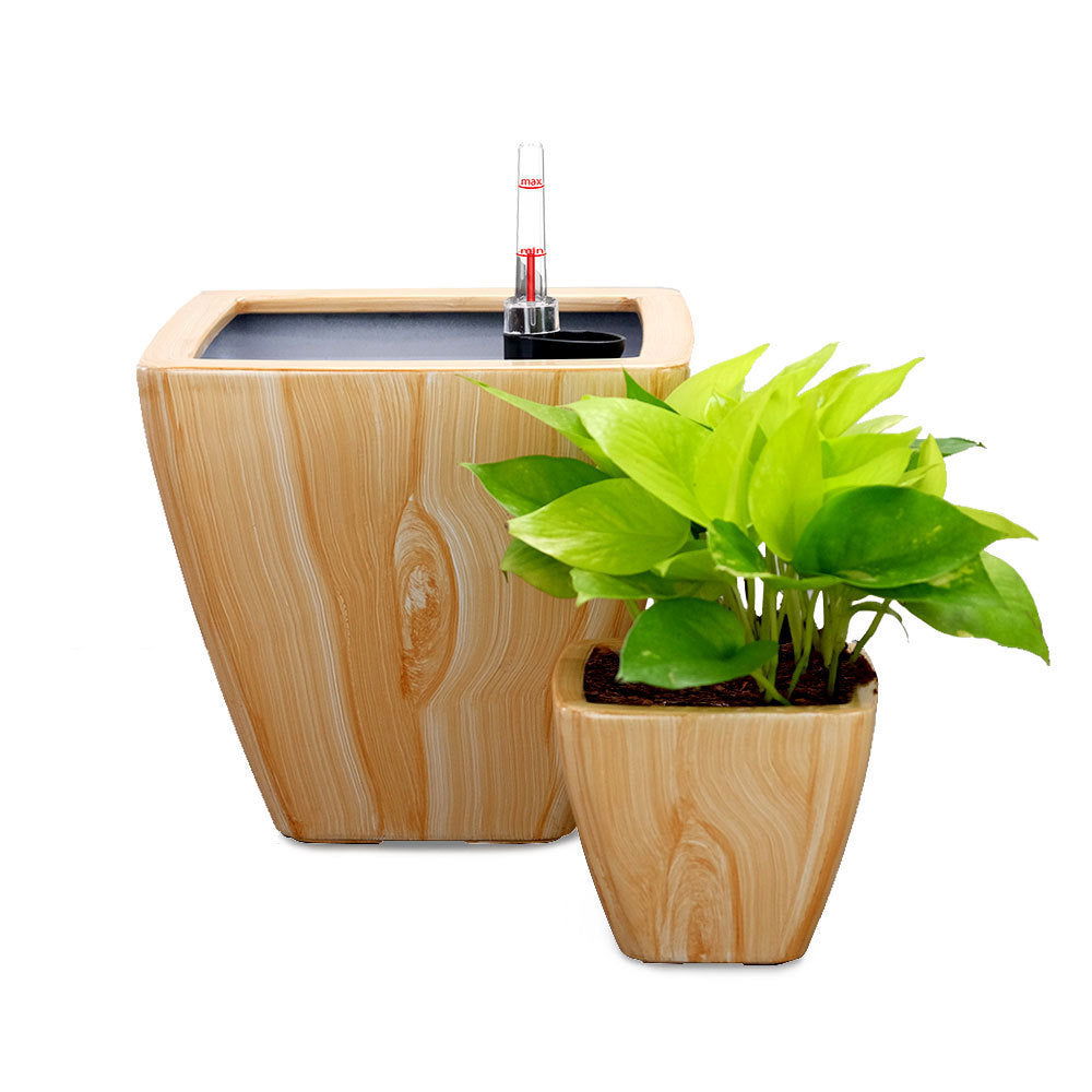 2-Pack Smart Self-watering Planter Pot for Indoor and Outdoor - Light Wood - Square Cone himalipasal