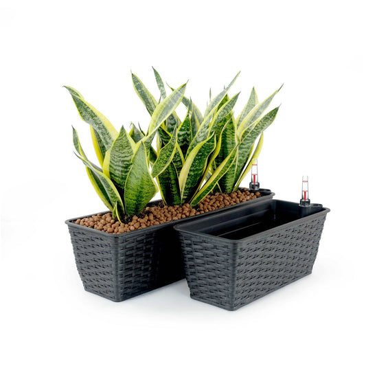 2-Pack Smart Self-watering Rectangle Planter for Indoor and Outdoor - Hand Woven Wicker - Espresso himalipasal