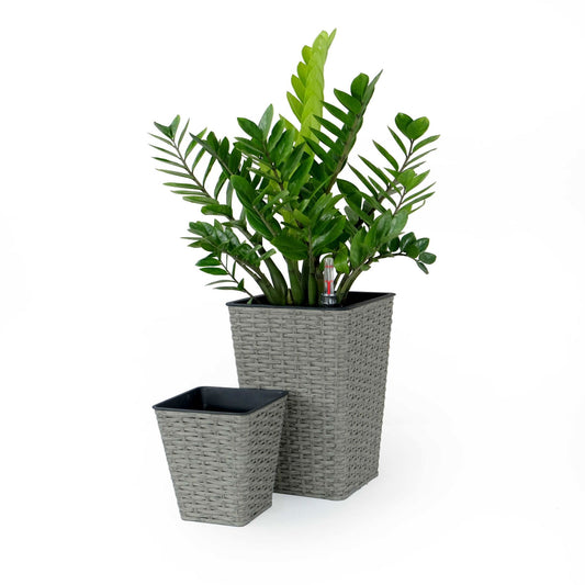 2-Pack Smart Self-watering Square Planter for Indoor and Outdoor - Hand Woven Wicker - Gray himalipasal