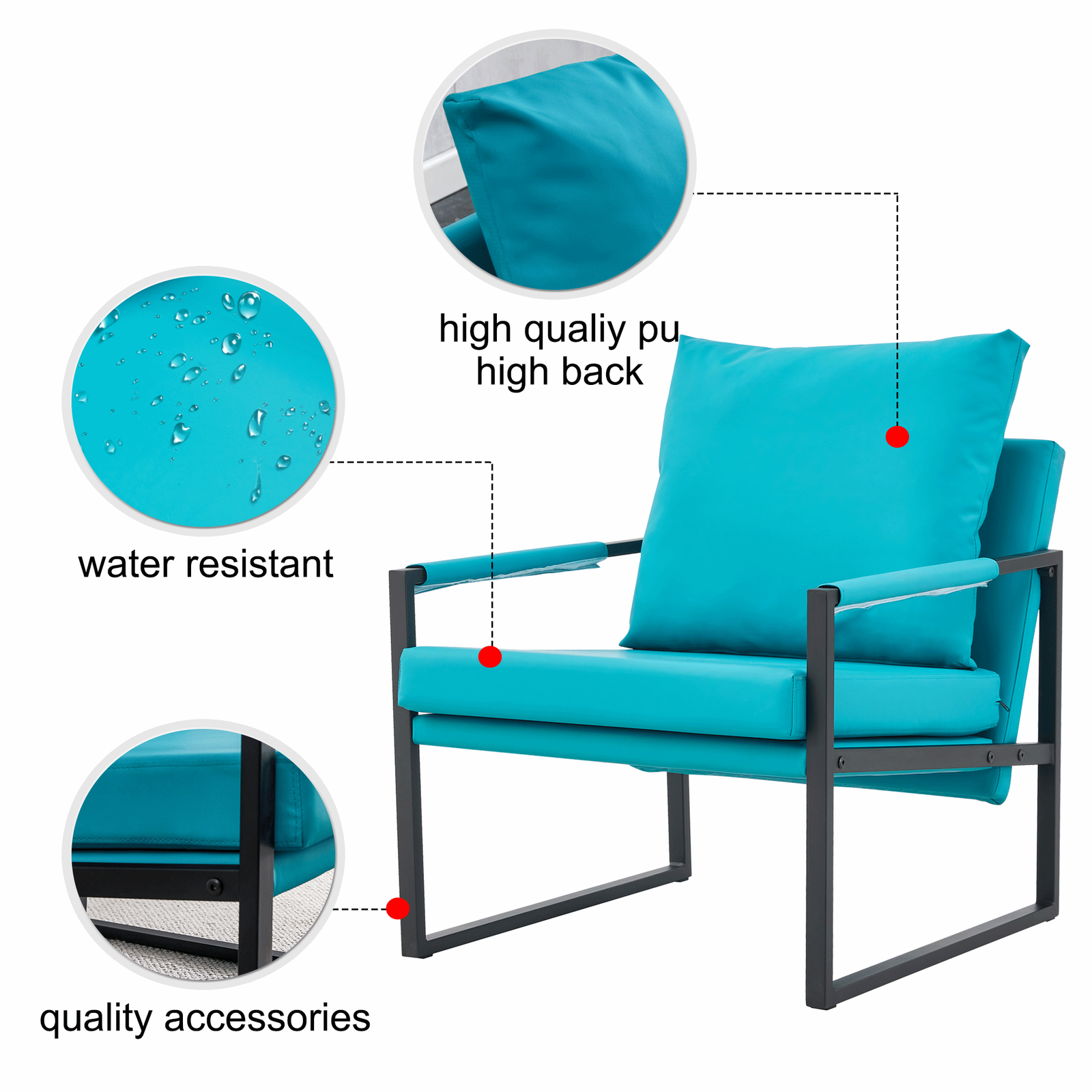 2-piece set of sofa chairs. PU leather armchair Medieval modern upholstered armchair with metal frame, super thick upholstered backrest and cushion sofa,for living room (cyan PU leather+metal+foam)008 himalipasal