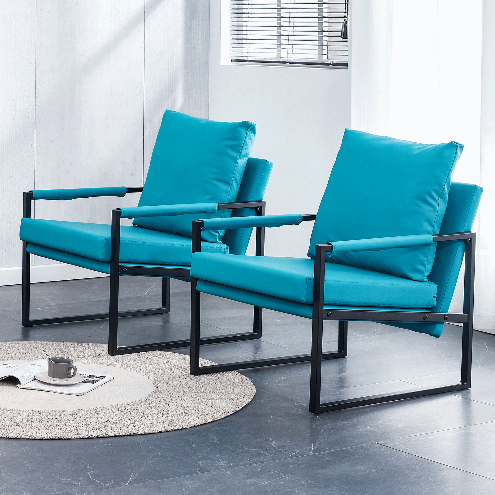 2-piece set of sofa chairs. PU leather armchair Medieval modern upholstered armchair with metal frame, super thick upholstered backrest and cushion sofa,for living room (cyan PU leather+metal+foam)008 himalipasal