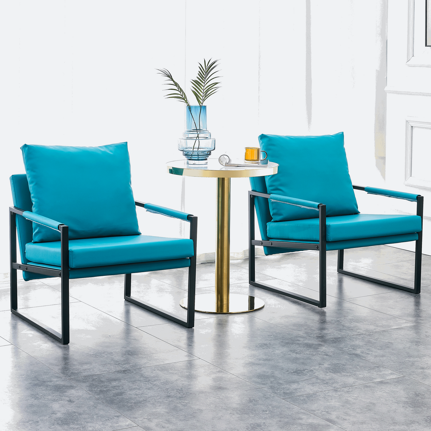 2-piece set of sofa chairs. PU leather armchair Medieval modern upholstered armchair with metal frame, super thick upholstered backrest and cushion sofa,for living room (cyan PU leather+metal+foam)008 himalipasal