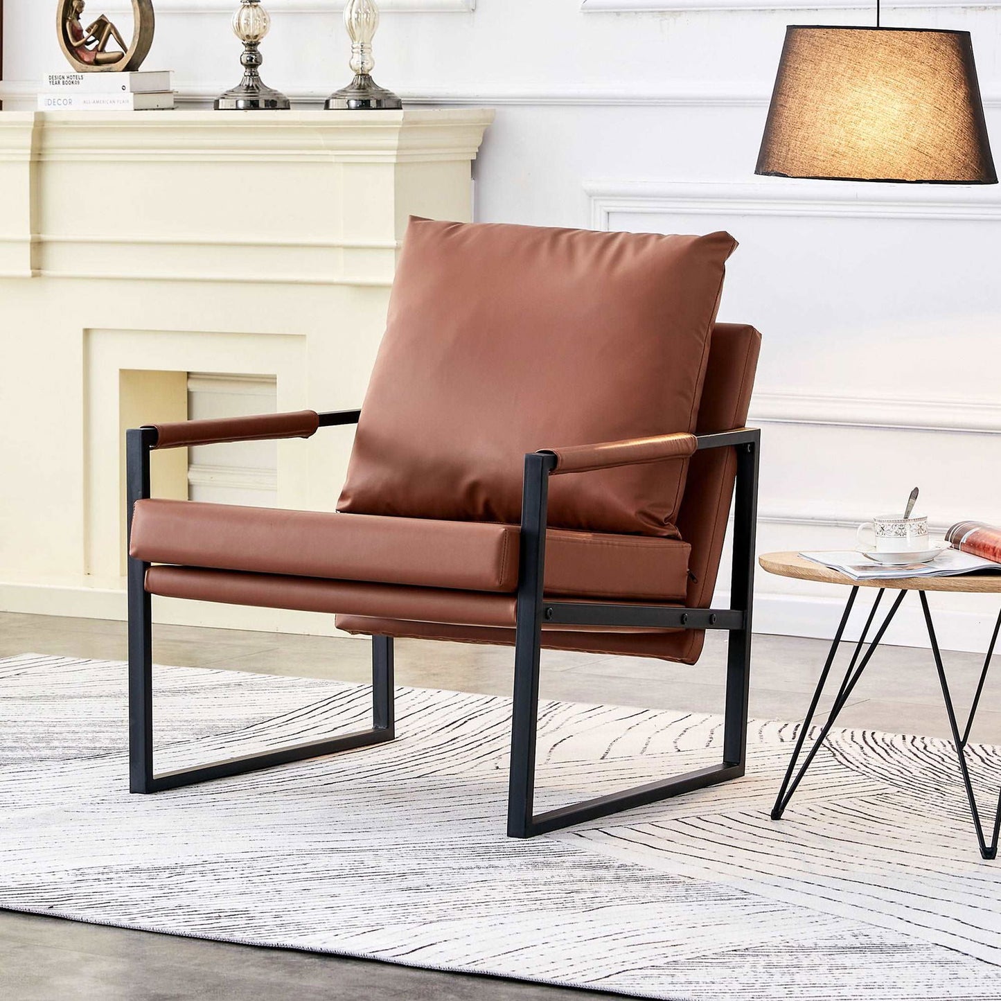 2-piece set of sofa chairs. PU leather armchair Modern metal frame upholstered armchair Super thick upholstered backrest and cushion Living room sofa chair (brown PU leather+metal frame+foam) SF-008 himalipasal