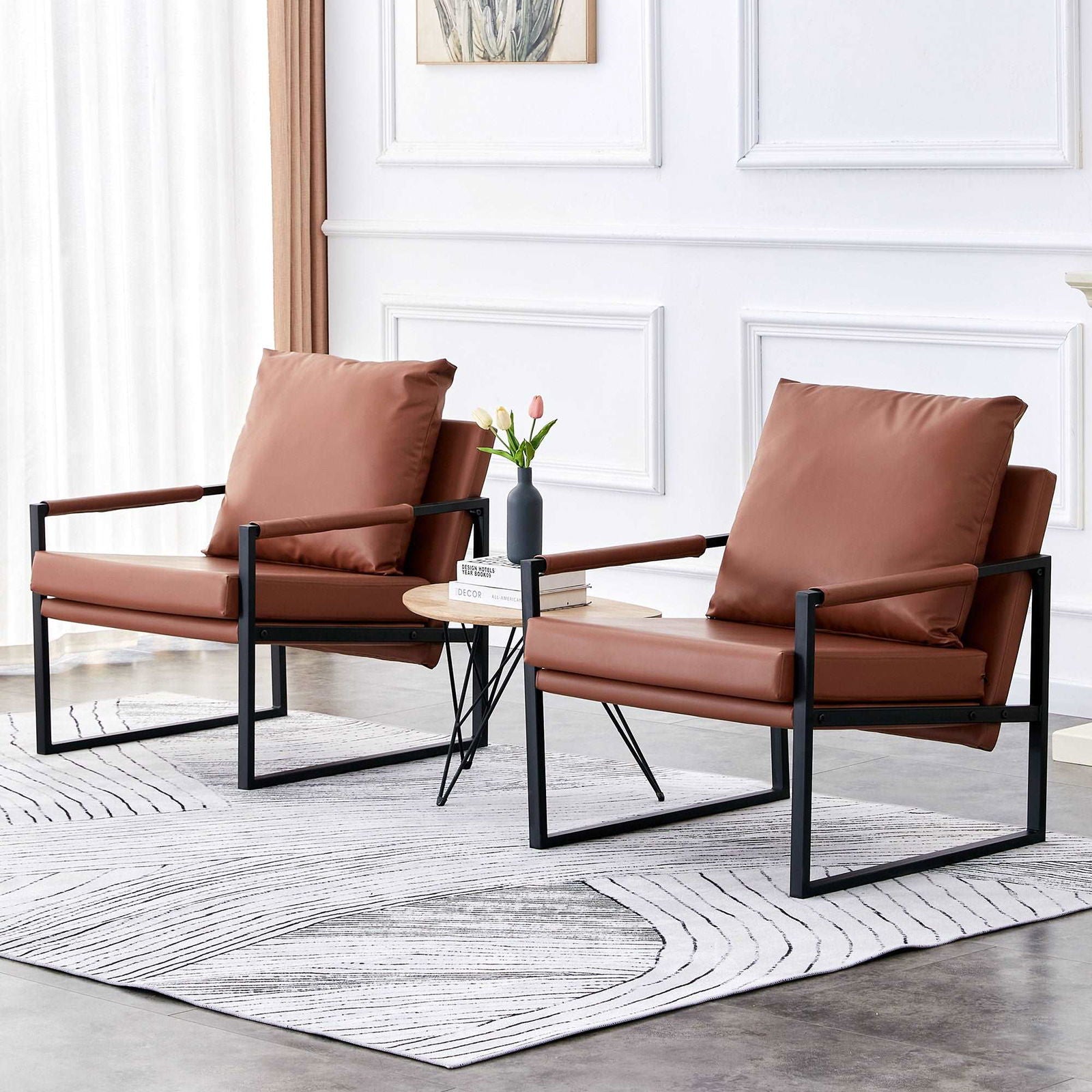 2-piece set of sofa chairs. PU leather armchair Modern metal frame upholstered armchair Super thick upholstered backrest and cushion Living room sofa chair (brown PU leather+metal frame+foam) SF-008 himalipasal