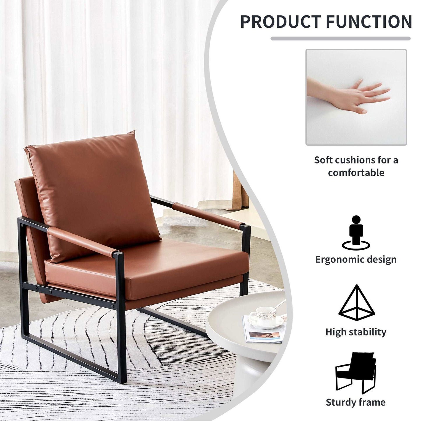 2-piece set of sofa chairs. PU leather armchair Modern metal frame upholstered armchair Super thick upholstered backrest and cushion Living room sofa chair (brown PU leather+metal frame+foam) SF-008 himalipasal