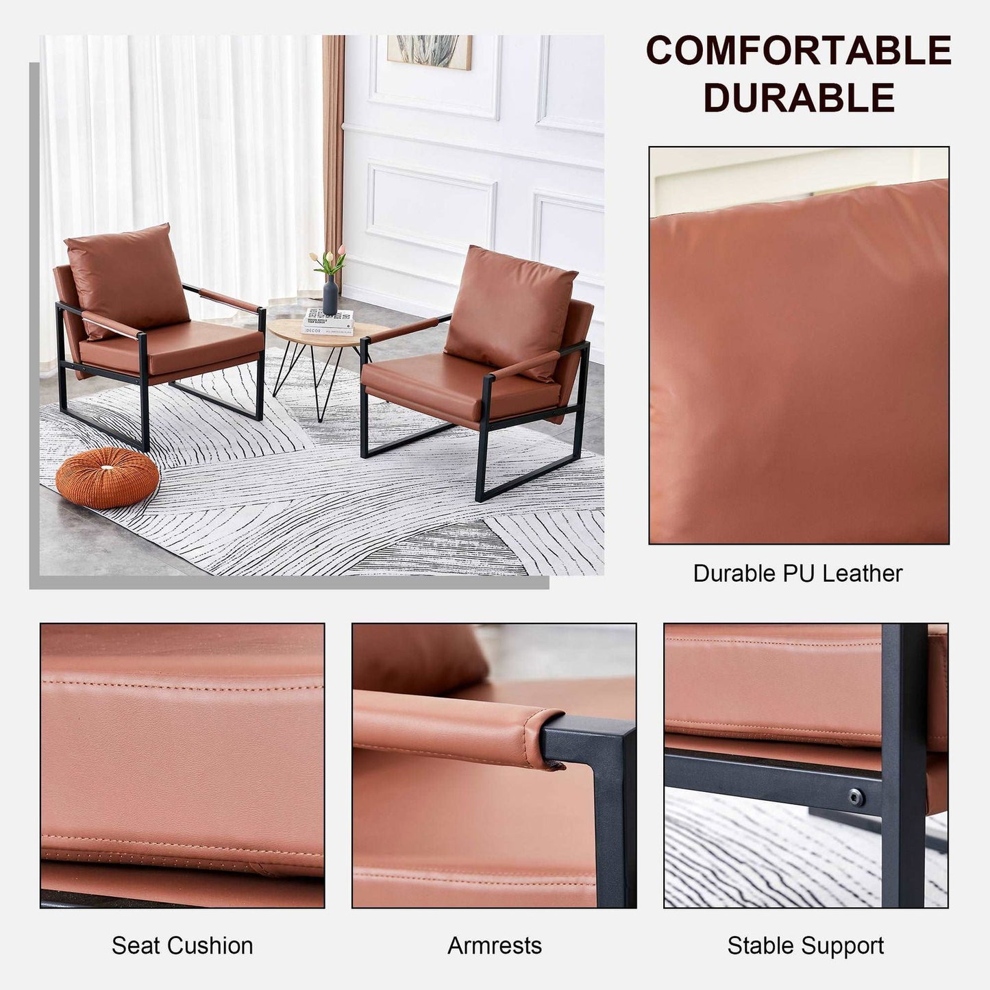 2-piece set of sofa chairs. PU leather armchair Modern metal frame upholstered armchair Super thick upholstered backrest and cushion Living room sofa chair (brown PU leather+metal frame+foam) SF-008 himalipasal