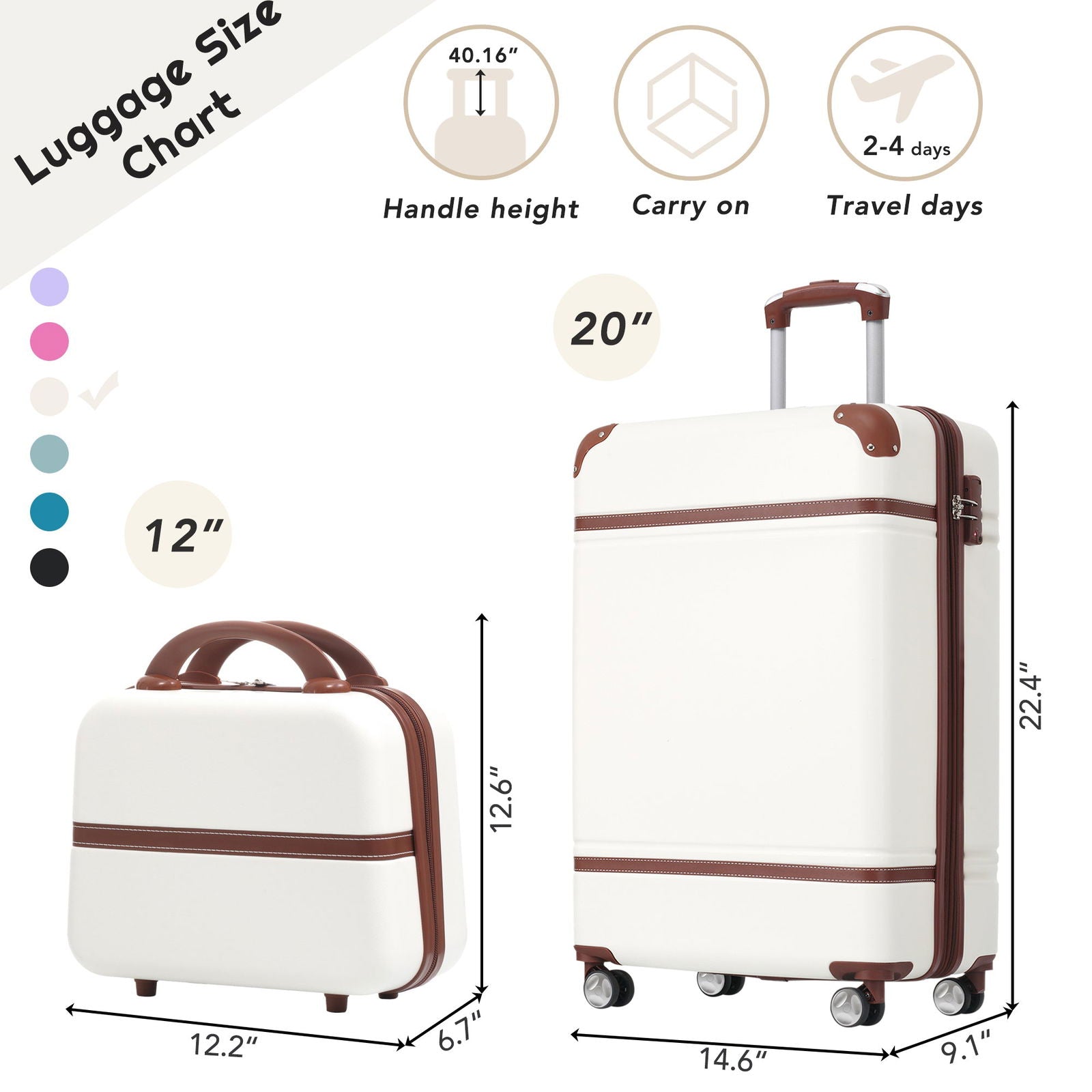 20 IN Hardside Luggage with Cosmetic Case , 2 Piece Lightweight Suitcase Set with Spinner Wheels, Carry on Vintage Luggage,White himalipasal