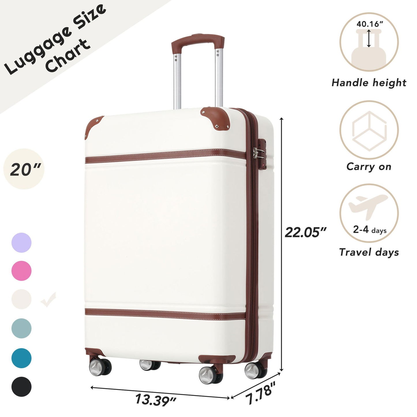 20 IN Luggage 1 Piece with TSA lock , Lightweight Suitcase Spinner Wheels,Carry on Vintage Luggage,White himalipasal