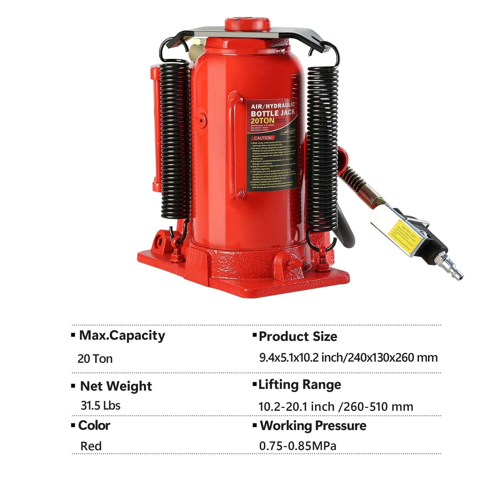 20 Ton Air Hydraulic Bottle Jack, with Manual Hand Pump Used for The Maintenance of Automobiles, Agricultural Vehicles, Heavy Trucks, Mobile Machinery, and Heavy Equipment himalipasal