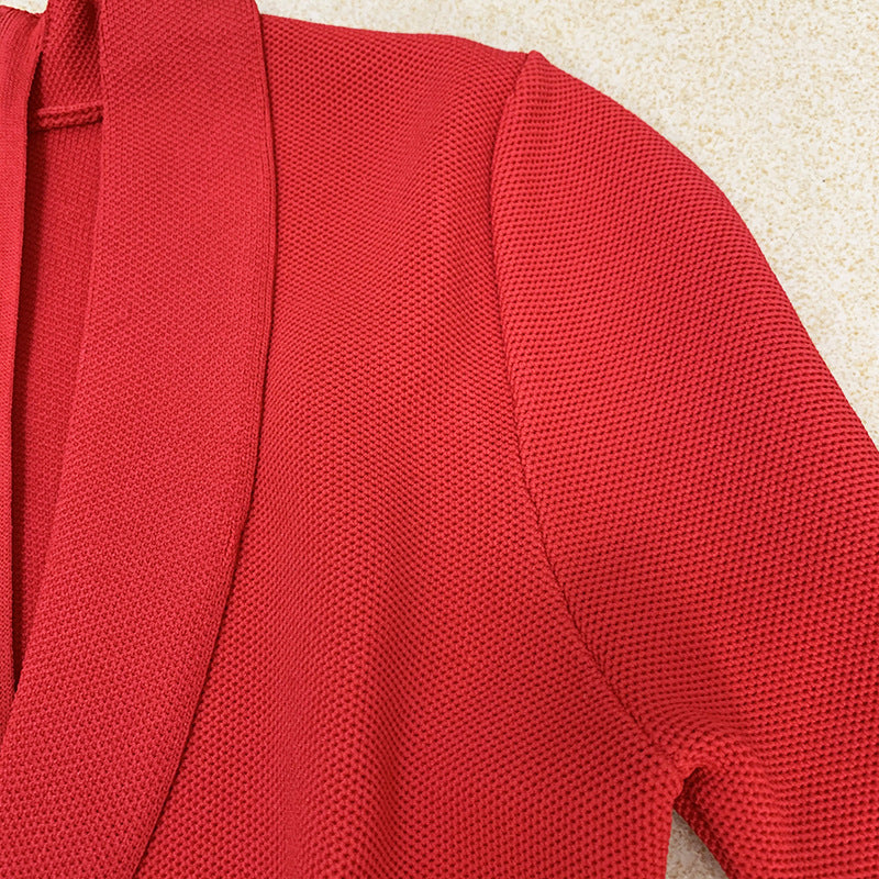 Autumn Winter Sexy V Elegant Lion Buckle Collared Knitted Sheath Dress