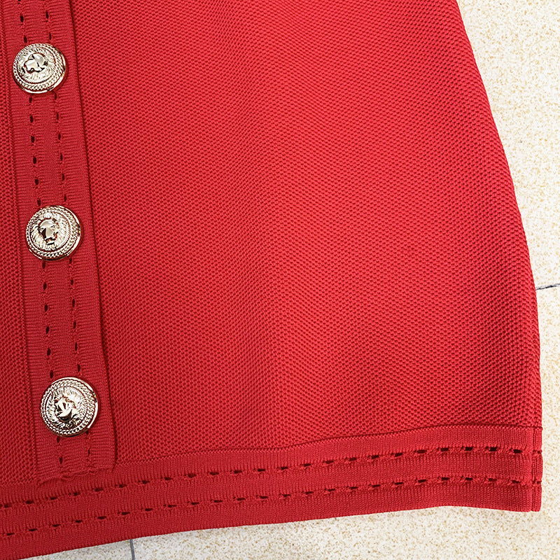 Autumn Winter Sexy V Elegant Lion Buckle Collared Knitted Sheath Dress