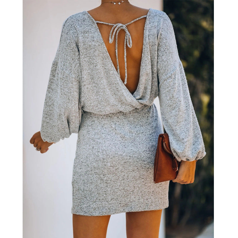 Sexy Waist V-neck Knitted Dress Sweater Women
