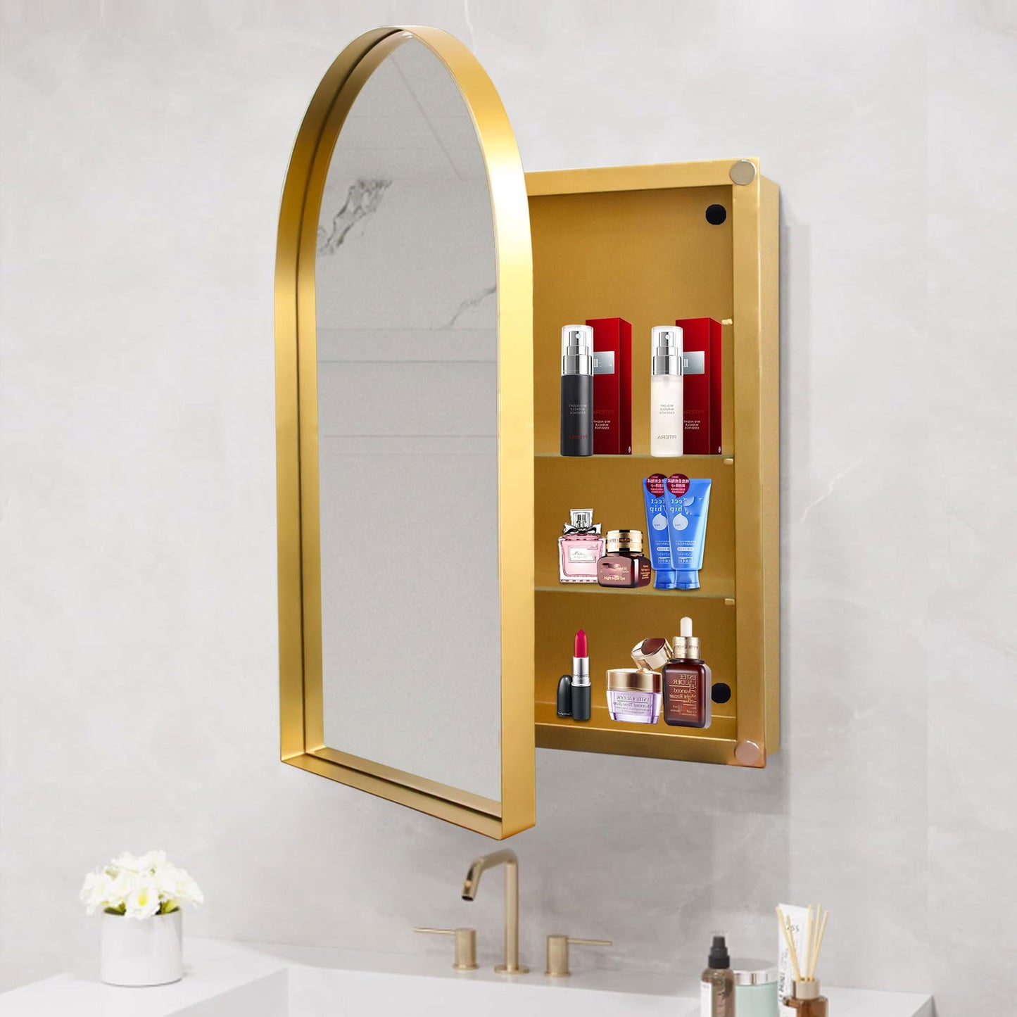 24x36 Inch Arched Recessed Medicine Cabinet, Metal Framed Bathroom Wall Cabinet with Mirror and Adjustable Shelves, Wall Mirror with Storage for Bathroom, Matte Gold himalipasal