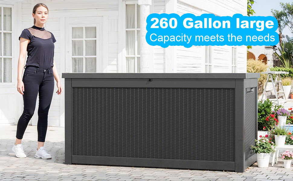 260 Gallon Deck Box, Waterproof Resin Large Outdoor Storgae Box for Patio Furniture, Patio Cushions, Gardening Tools, Pool and Sports Supplies, Lockable (Black) himalipasal