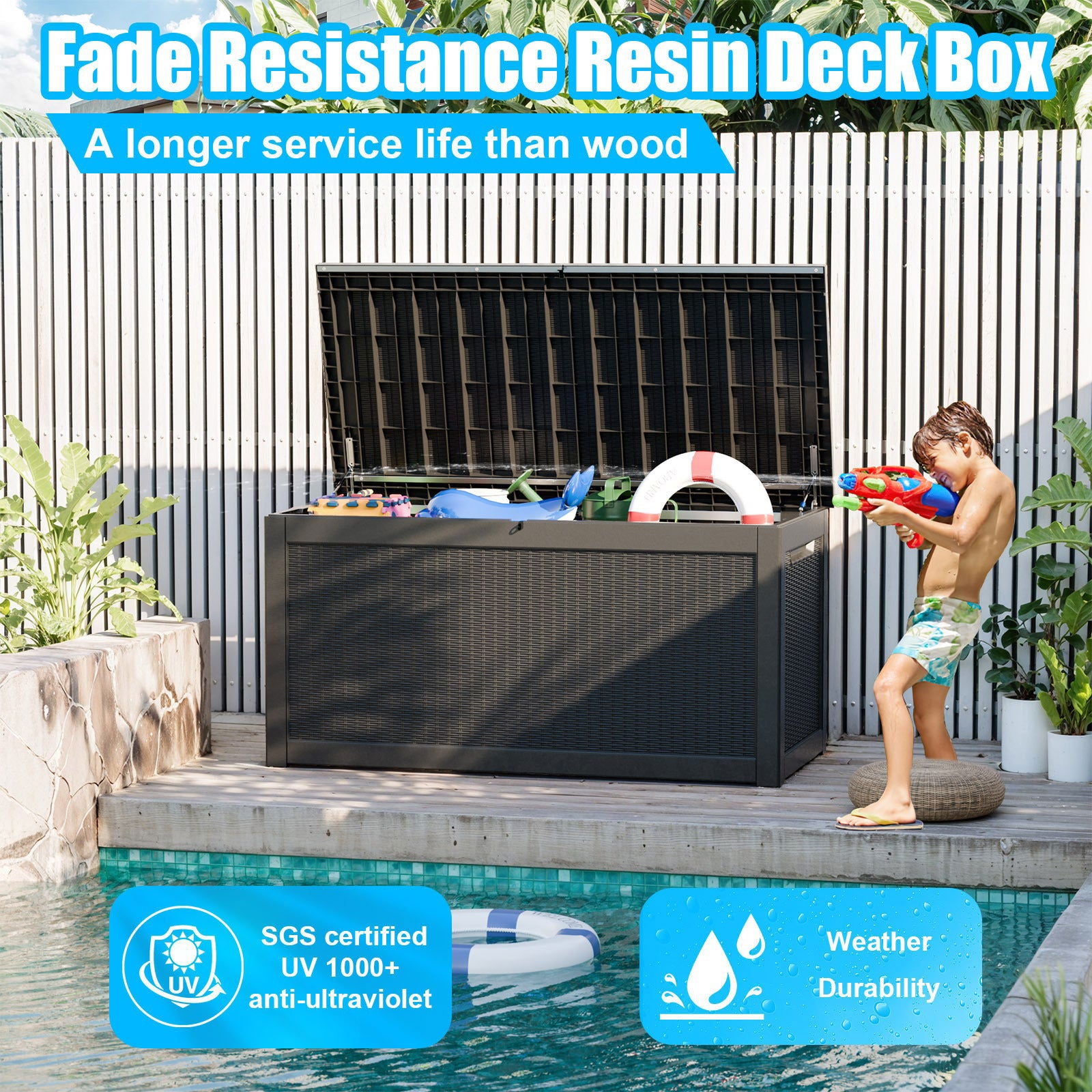 260 Gallon Deck Box, Waterproof Resin Large Outdoor Storgae Box for Patio Furniture, Patio Cushions, Gardening Tools, Pool and Sports Supplies, Lockable (Black) himalipasal