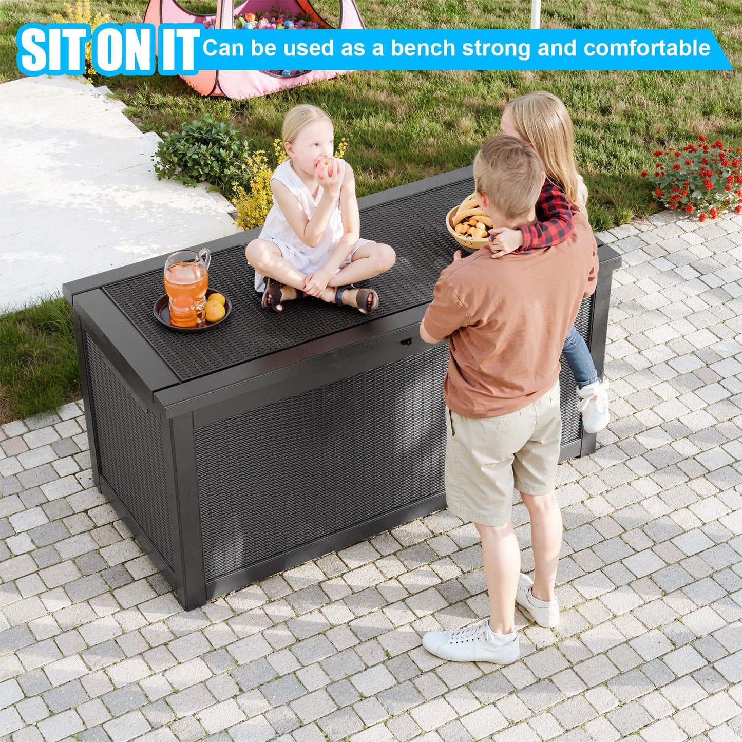 260 Gallon Deck Box, Waterproof Resin Large Outdoor Storgae Box for Patio Furniture, Patio Cushions, Gardening Tools, Pool and Sports Supplies, Lockable (Black) himalipasal