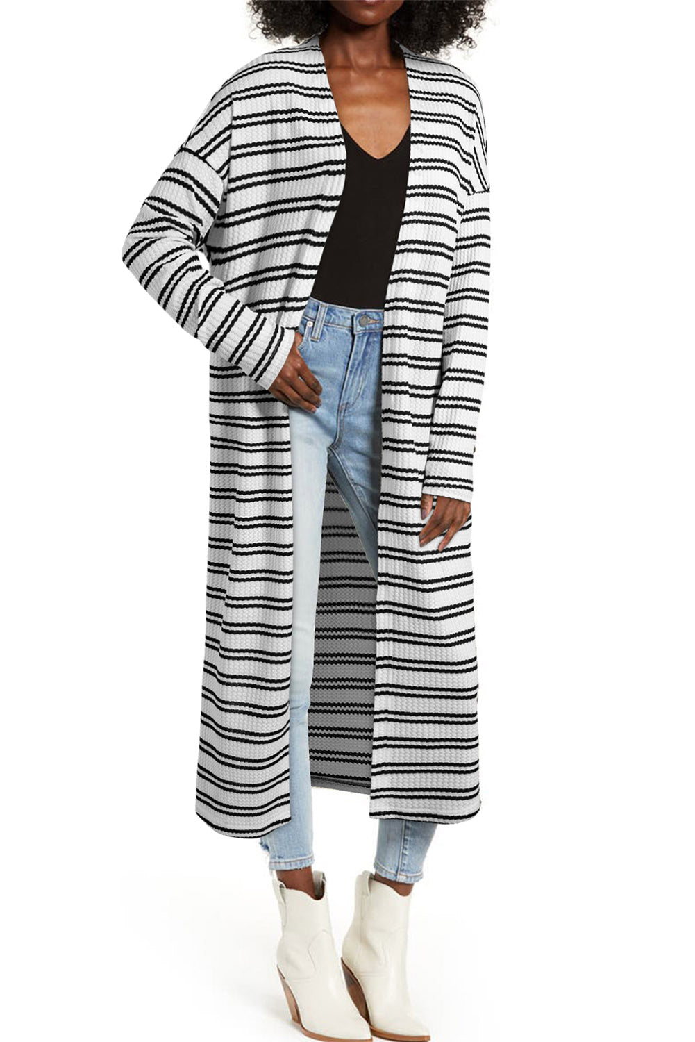 Black Stripe Print Open Front Duster Cardigan