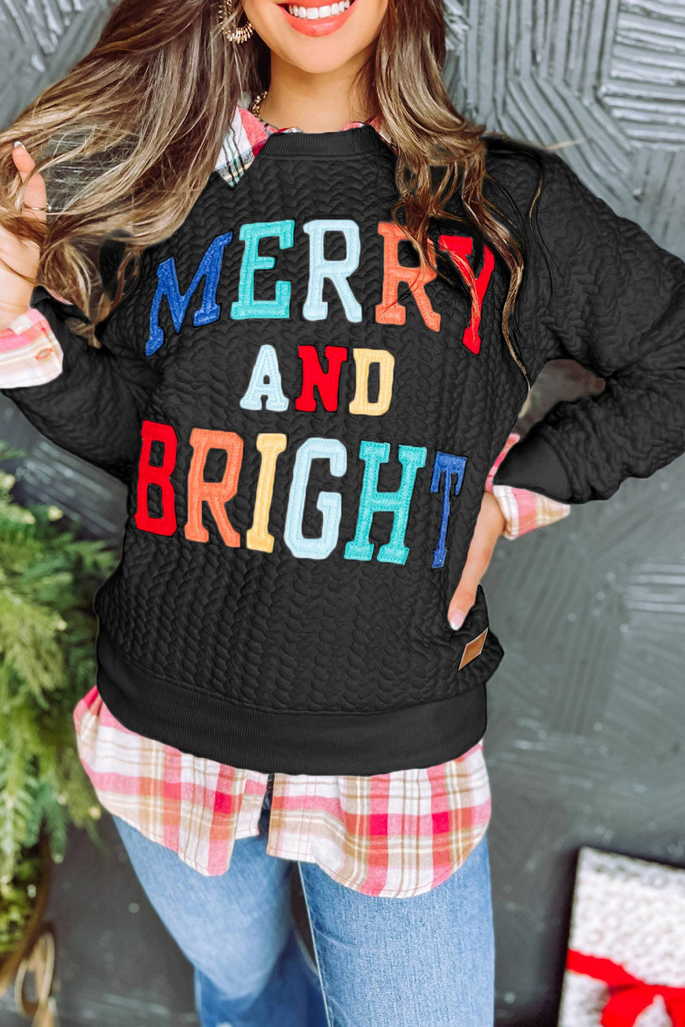 Blackish Green Merry And Bright Quilted Sweatshirt