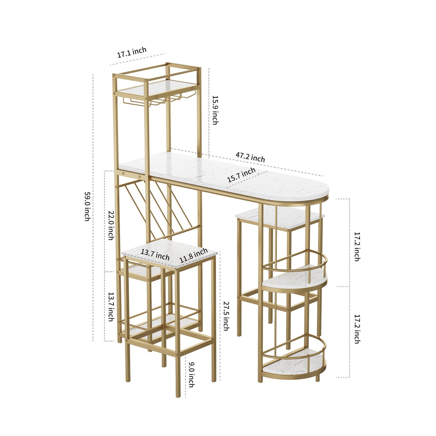 3 Pcs Bar Table and Chairs Set, Modern White Kitchen Bar Height Dining Table Wood Breakfast Pub Table with Gold Base with Shelves, Glass Rack, Wine Bottle Rack ,with 2 Bar Stools himalipasal