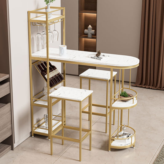 3 Pcs Bar Table and Chairs Set, Modern White Kitchen Bar Height Dining Table Wood Breakfast Pub Table with Gold Base with Shelves, Glass Rack, Wine Bottle Rack ,with 2 Bar Stools himalipasal