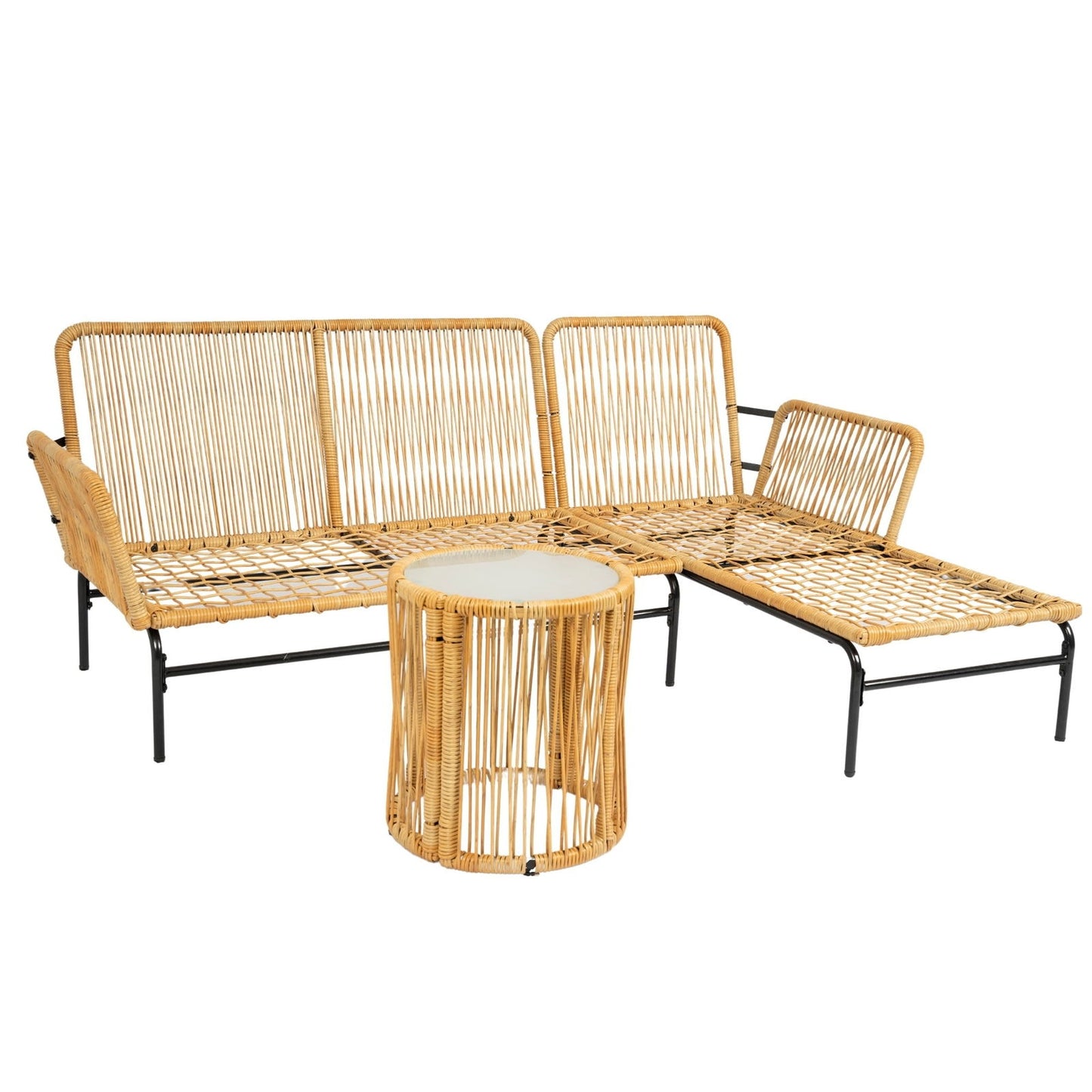 3 Pieces Outdoor Patio Wicker Furniture Sets Table and Chairs with 3.15-inches Thick Cushion Outdoor Sofa Set Natural Yellow Wicker + Creme Cushion himalipasal